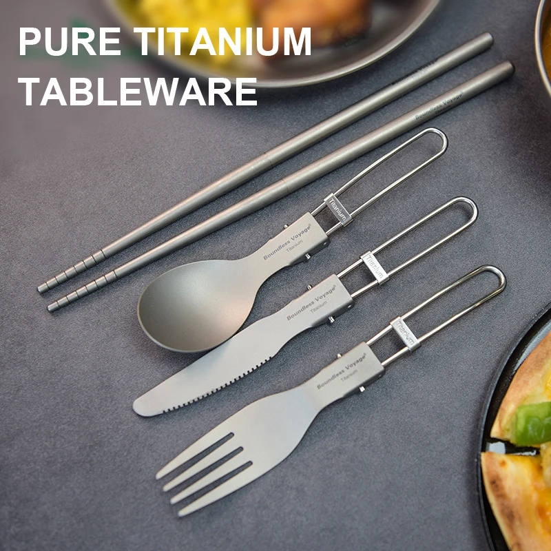 Pure Titanium Knife,Fork,Chopsticks,Spoon Tableware Combination Set, Foldable Lightweight Portable,Outdoor Camping Travel, A1380