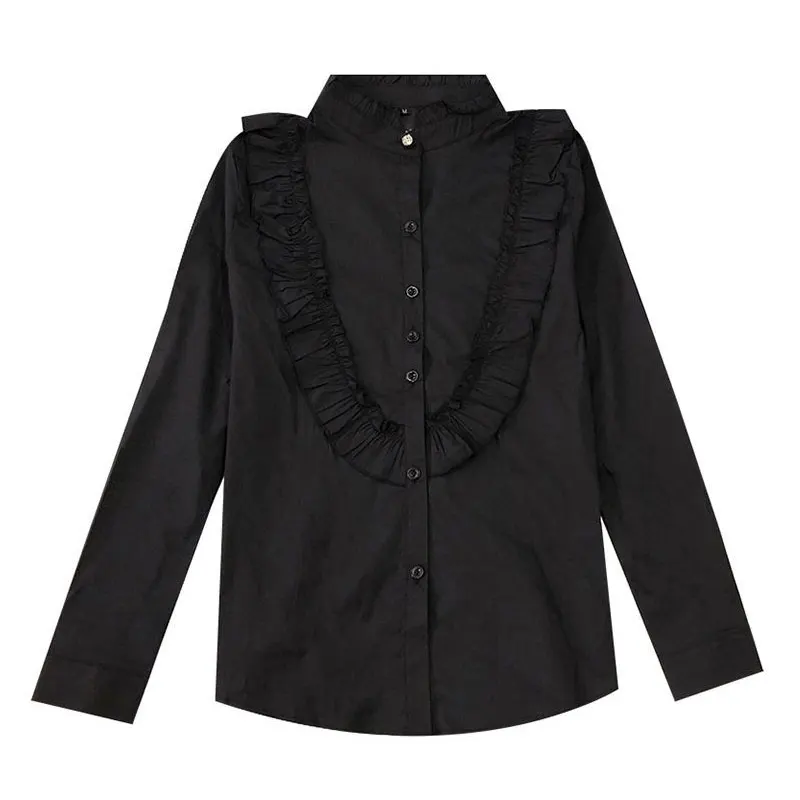 Female Commute Solid Color All-match Shirring Shirt Elegant Ruffles Spliced Spring Autumn Stand Collar Single-breasted Blouse