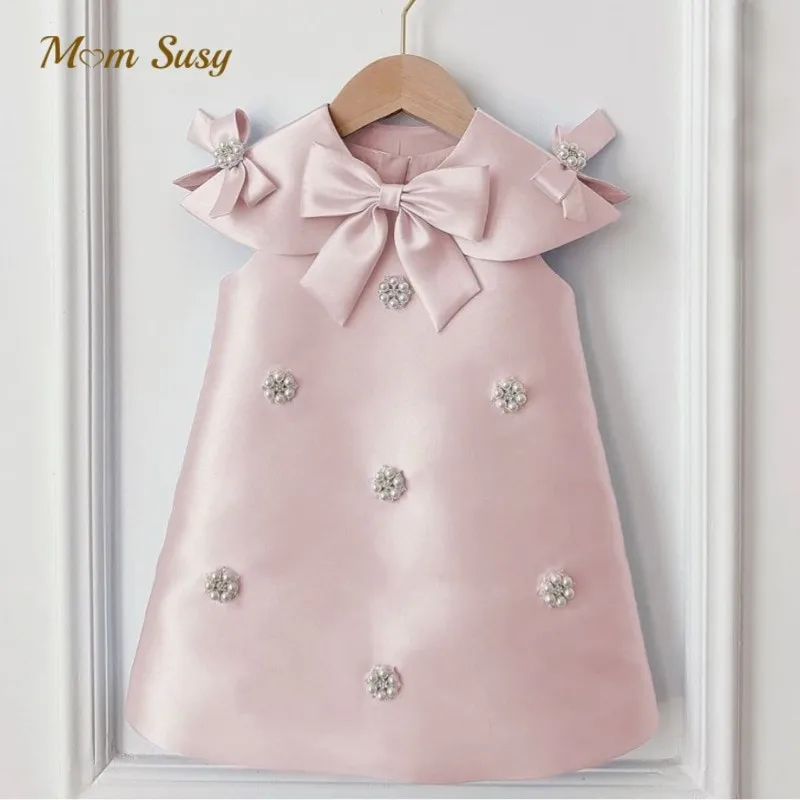 

Baby Girl Princess Bow Pearl Dress Sleeveless Infant Toddler Child Vestido Wedding Pageant Birthday Party Baby Clothes 1-14Y