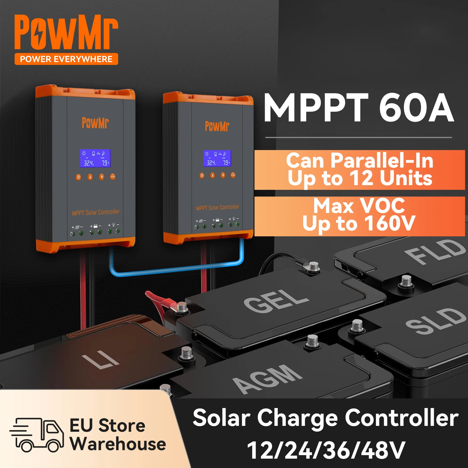 PowMr 60A MPPT Solarladeregler parallel in optionalem Batteriesystem Laderegler 12V 24V 36V 48V