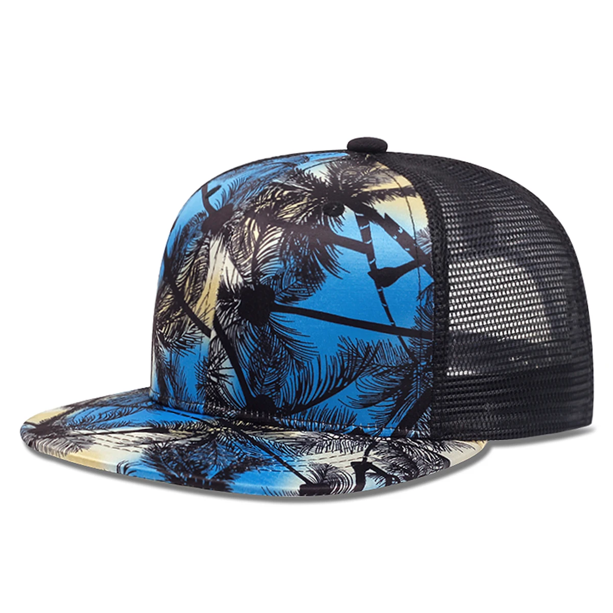 Men\'s Fashion Hip Hop Blue Coconut Tree Hat Brim Adjustable Baseball Hat Straight Buckle Snapback Cap Outdoor Sun Hat