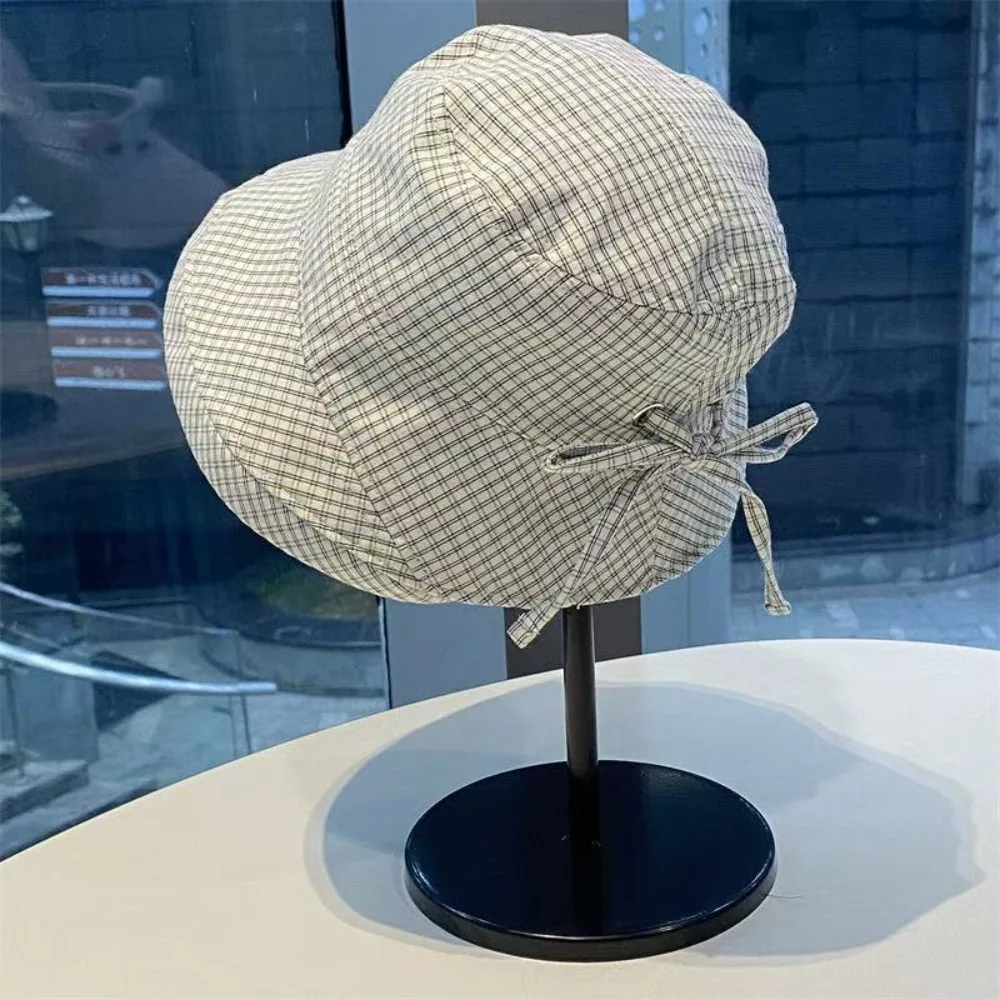 

Foldable Wide Brim Bucket Hats Summer Sunshade Korean Style Fisherman Cap Plaid Design Wide Brim Basin Caps For Girl Ladies