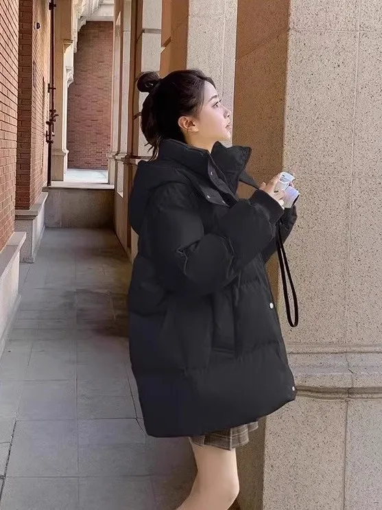 

Корейский стиль: утепленная хлопковая куртка с капюшоном на молнии, длинная, однотонная, для женщин, зимнее пальто, стандартная длина рукава