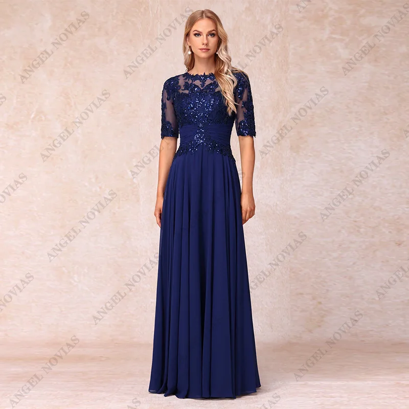 Customized Long Blue Chiffon Mother of Bride Dresses with Short Sleeves Wedding Party Dress vestidos de fiestas elegantes mujer