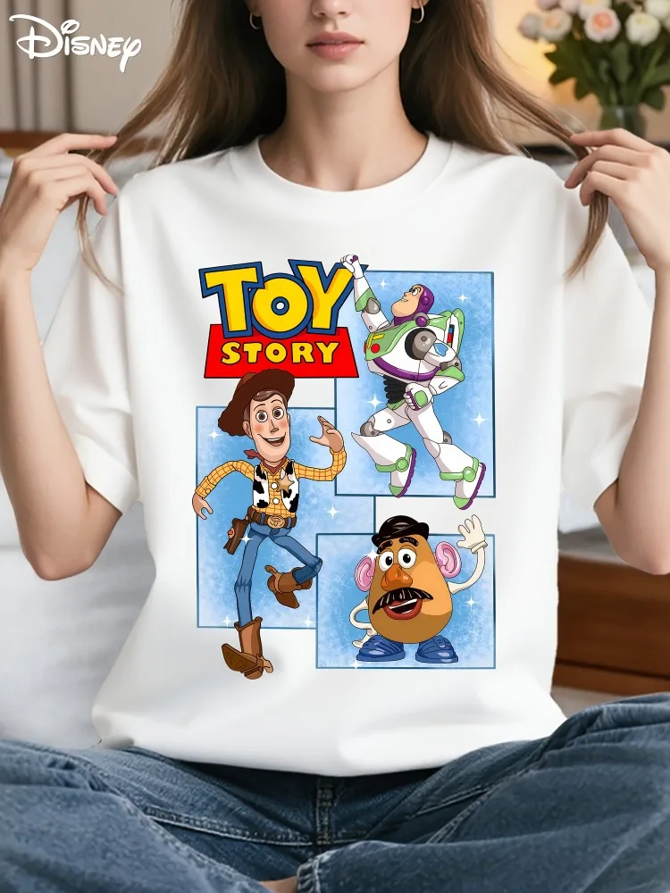 Camiseta feminina Disney Toy Story com Buzz Lightyear e Woody Design macio gola redonda manga curta casual top de algodão