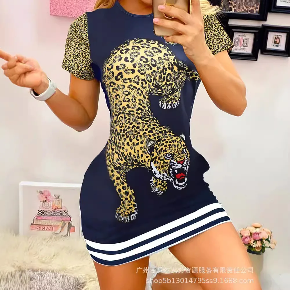 Tiger Pattern Bodycon Mini Dress Women Summer Short Sleeve Tight Sports Casual Dress O-neck Sexy Sheath High Waist Dress