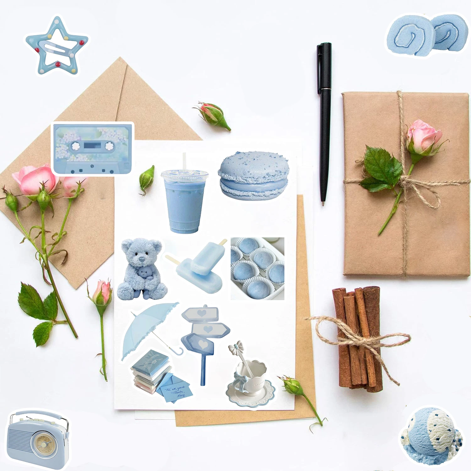 50 Stück Hellblaue Ins-Style Aufkleber Laptop Gepäck Dekoration Mode Kunst Bild Kawaii Scrapbooking Wohnzimmer Sticker