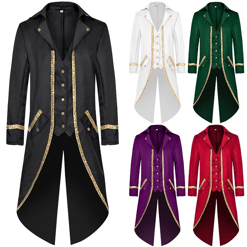 

New Halloween Tailcoat Men's Medieval Retro Mid-Length Punk Gold-Edged Coat Stage Performance Costume Polyester Fiber 100%