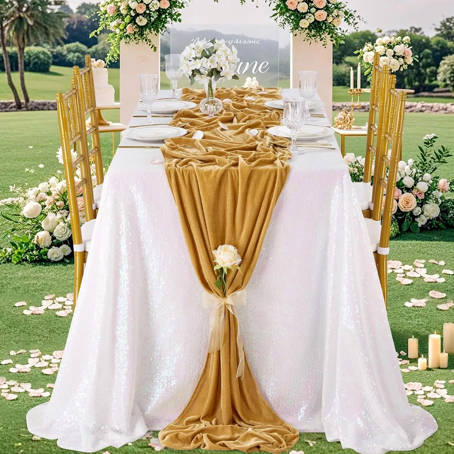

8Pcs-29x120 Inch Gold Velvet Table Runners, 10ft Luxurious Wedding Reception Decorations Table Runner Soft Velvet Fabric, Table