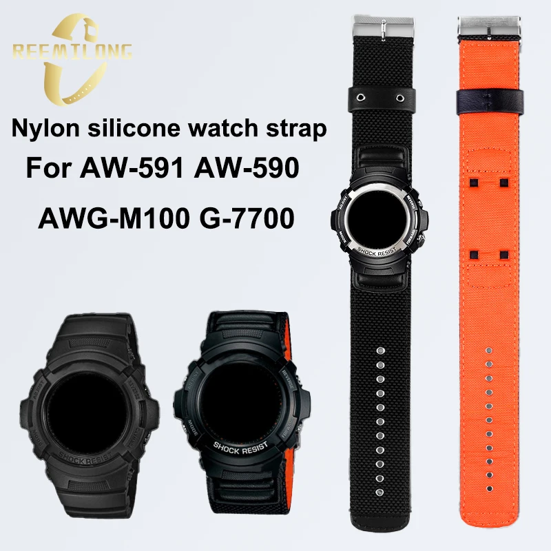 Nylon silicone rubber bottom watch strap 16mm black orange watchband watch chain For CASIO G-SHOCK AW-591 AW-590 AWG-M100 G-7700