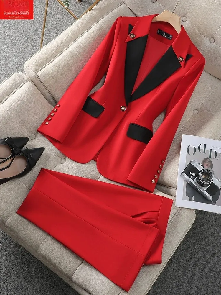 Red Suit Set Women's Spring Autumn Professional Formal Workwear Luxury High-End Color Block Small Western Style Suit