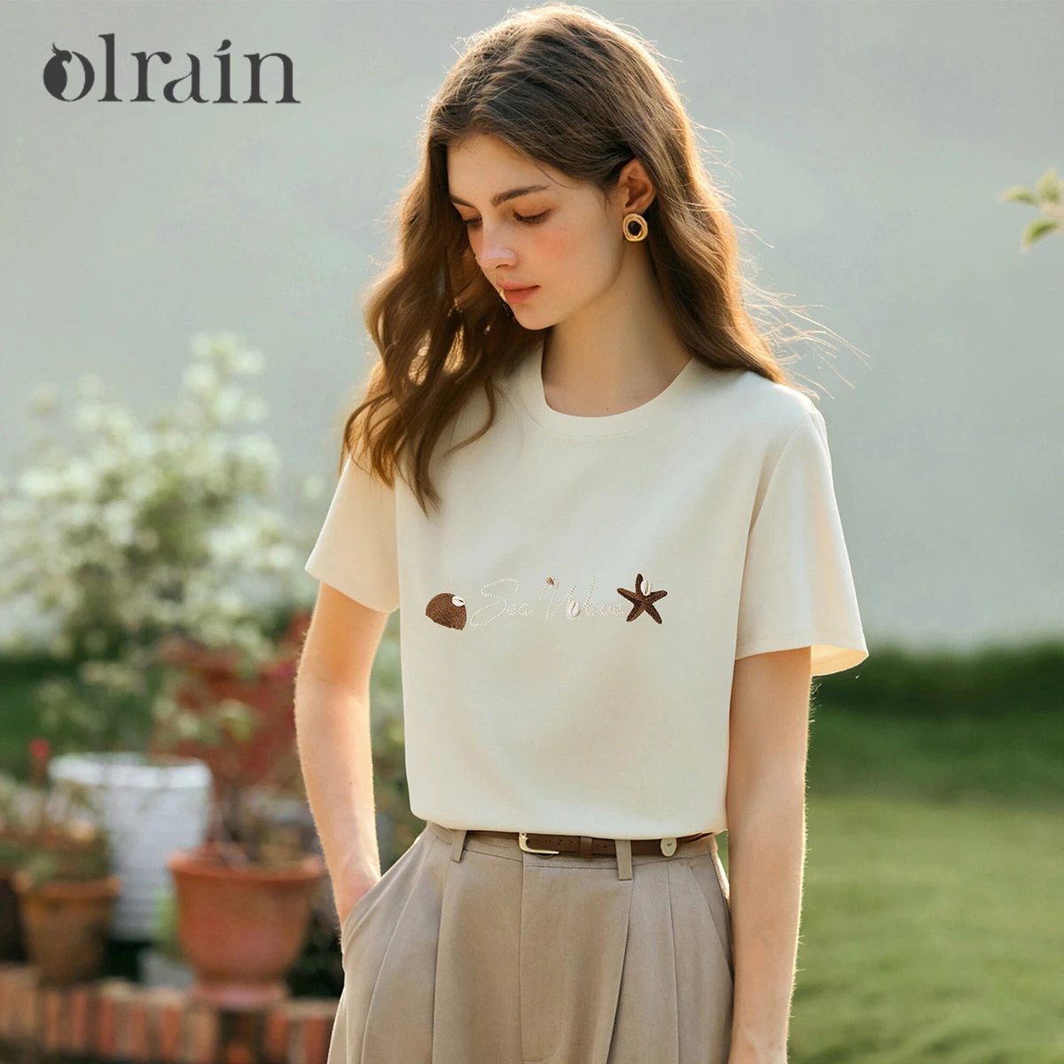 

OLrain Crew Neck Embroidered Short Sleeve T-Shirt Women's Summer 2025 New Knitted Loose Shoulder Top O57XT99185