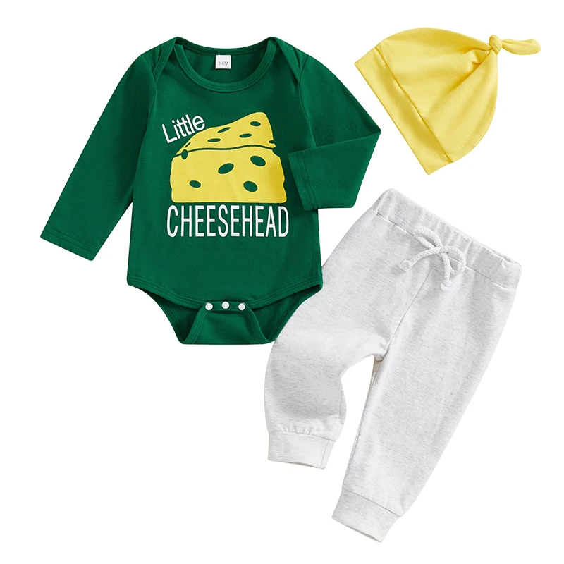 

Baby Boys Fall Outfits Letter Cheese Print Crew Neck Long Sleeve Rompers Long Pants Hat 3Pcs Clothes Set