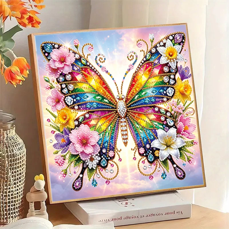 Kit de peinture diamantée à motif de papillon et de fleur enchanteurs - 1 pièce - Diamants en cristal et acrylique de forme unique sans cadre