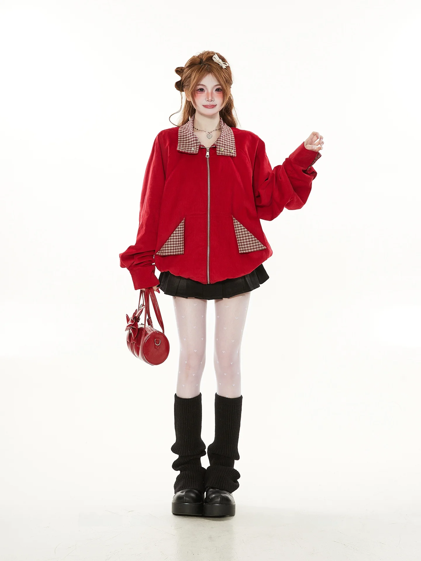 

Женская повседневная куртка-харрингтон в клетку с вставками, модная весенняя верхняя одежда красного цвета из смесового хлопка и полиэстера