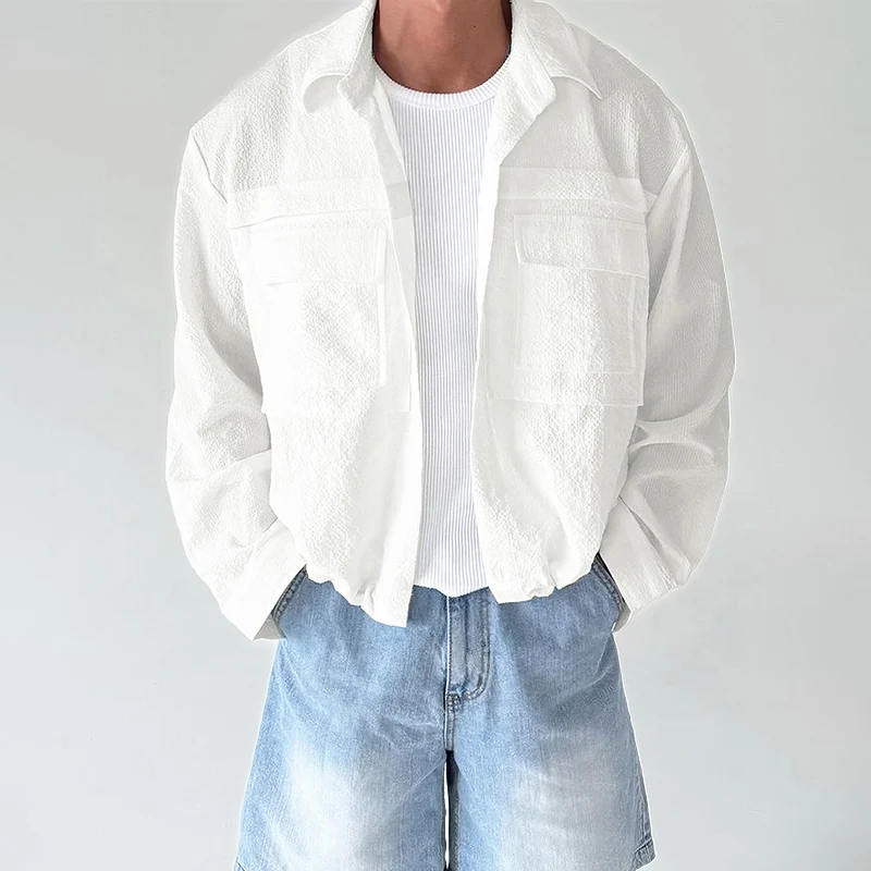 

INCERUN Мужская рубашка, однотонная, с лацканами, с длинными рукавами, свободными карманами, повседневная мужская одежда, уличная одежда, модные рубашки для отдыха 2025, топы