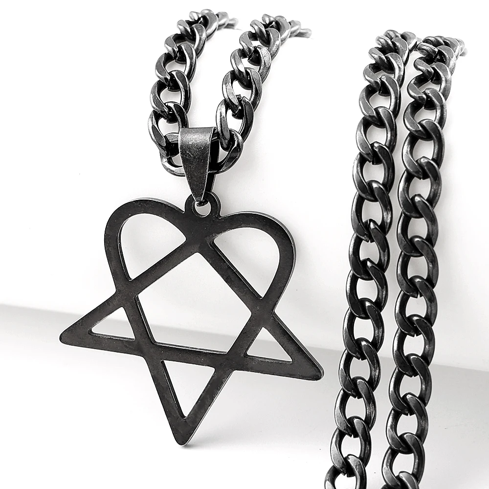 Goth Heartagram Stern Anhänger Halskette für Frauen Männer Edelstahl Gun Black Rock Musik Band HIM Fans Hip Hop Kette Schmuck
