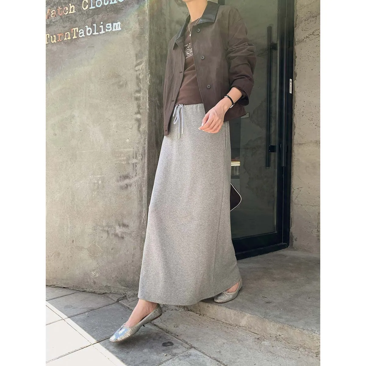 

Drawstring A-line Slimming Midi Sweat Skirt Women's Elegant Draped Commuting Casual Long Skirt