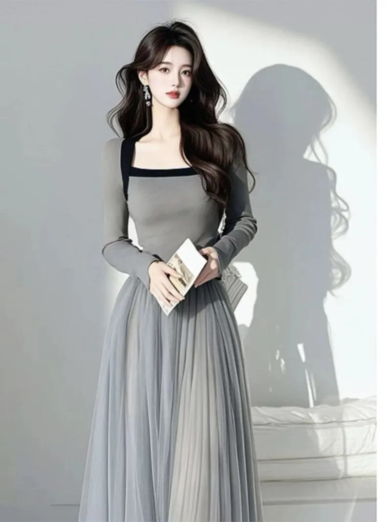 新しいフランスのハイエンド秋パッチワークドレスの女性のファッションエレガントなスクエアカラースリム長袖メッシュパーティードレス Vestidos