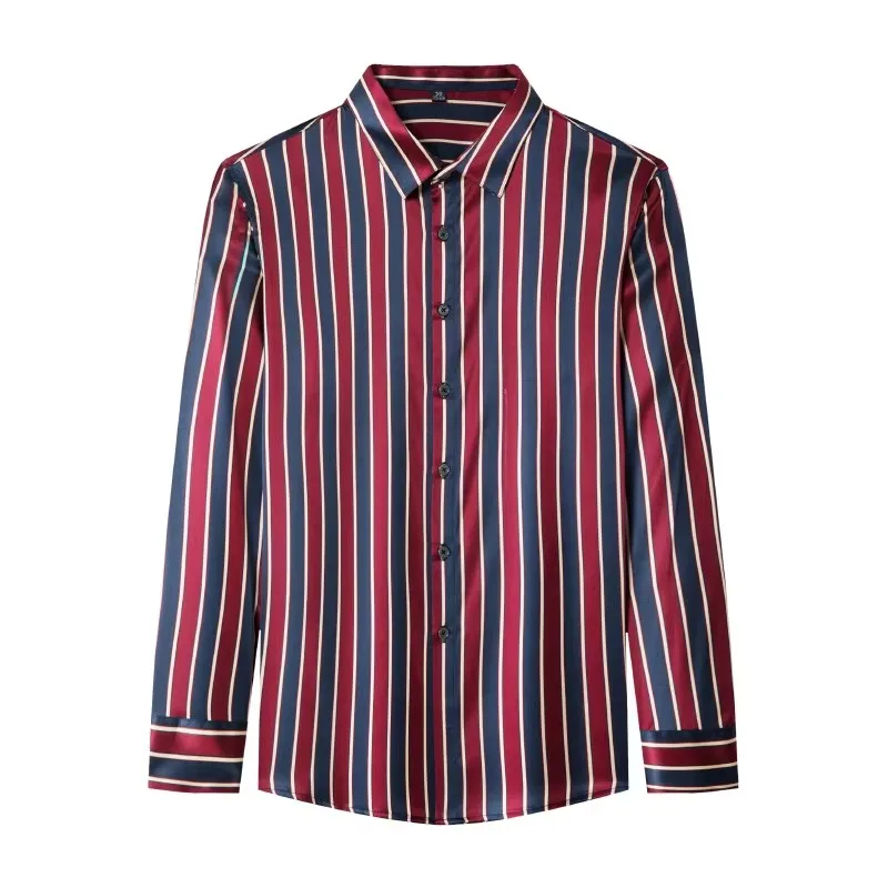 

Trendy Striped Print Shirts For Men Long Sleeved 93% Silk Contain Summer Coolness Smooth Comfortable Luxurious Camisas De Hombre