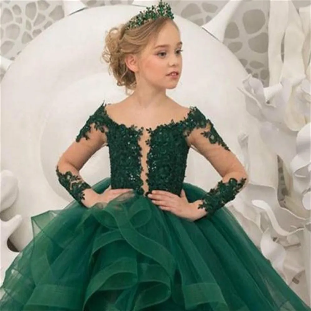 Gorgeous Lace Long Sleeved Layered Princess Flower Girl Dress Wedding Party Ball First Communion Dresses Dream Kids Gift