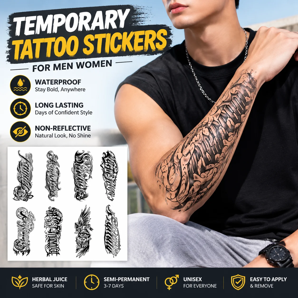 Temporary Tattoo Stickers for Men Women, Waterproof Long Lasting Arm Body Art Decals, Non Reflective Semi Permanent Decor