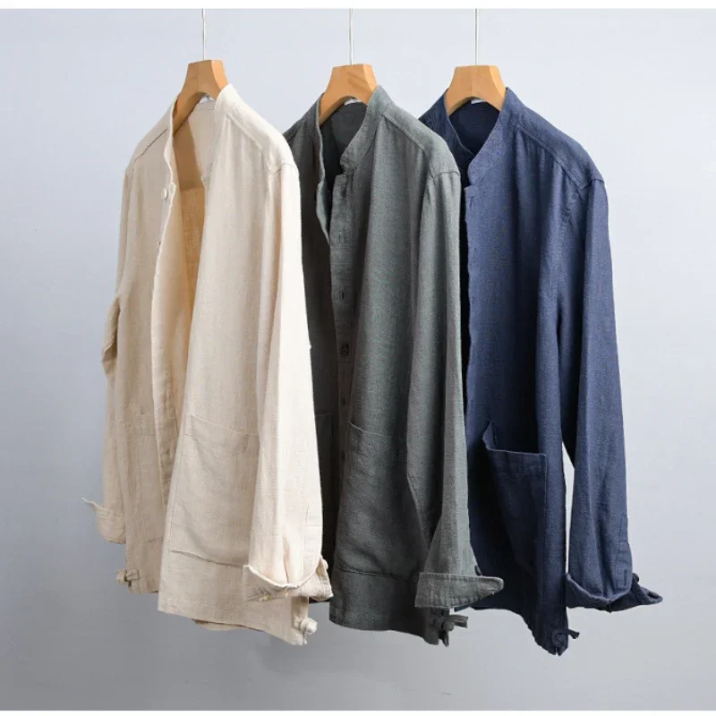 Men Ramie Cotton Blend Stand Collar Long Sleeve Shirt Loose Fit Chinese Style Button Front Patch Pockets Spring Autumn Top