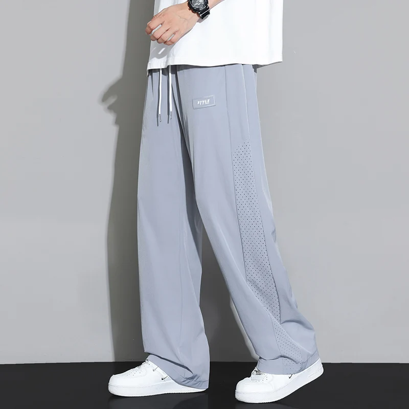 

Ice Silk Pants Men Summer Hollow Breathable Cool Casual Pants Men Teenager Loose Straight Draped Sports Trousers Black Gray