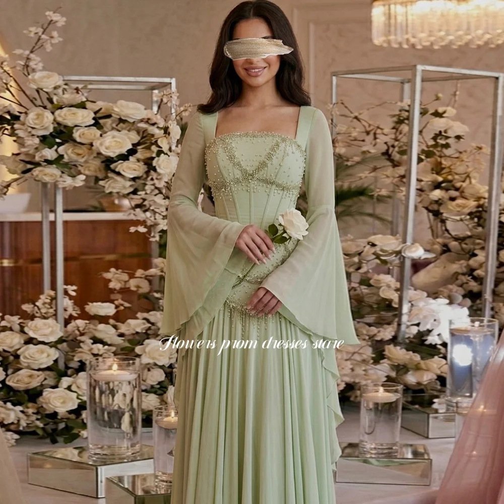 

Flowers A Line Party Dress with Flare Sleeve Beading Evening Dress with Pleats Formal Occasion Dress Robe De Soirée Customized