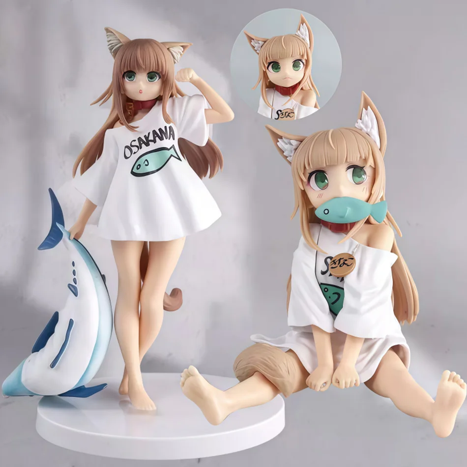 Kawaii القط فتاة أنيمي الشكل 13-18 سنتيمتر يجلس أكل الأسماك الذهبي رئيس تحصيل بولي كلوريد الفينيل نموذج دمية لعبة على أساس ساكورا فول الصويا