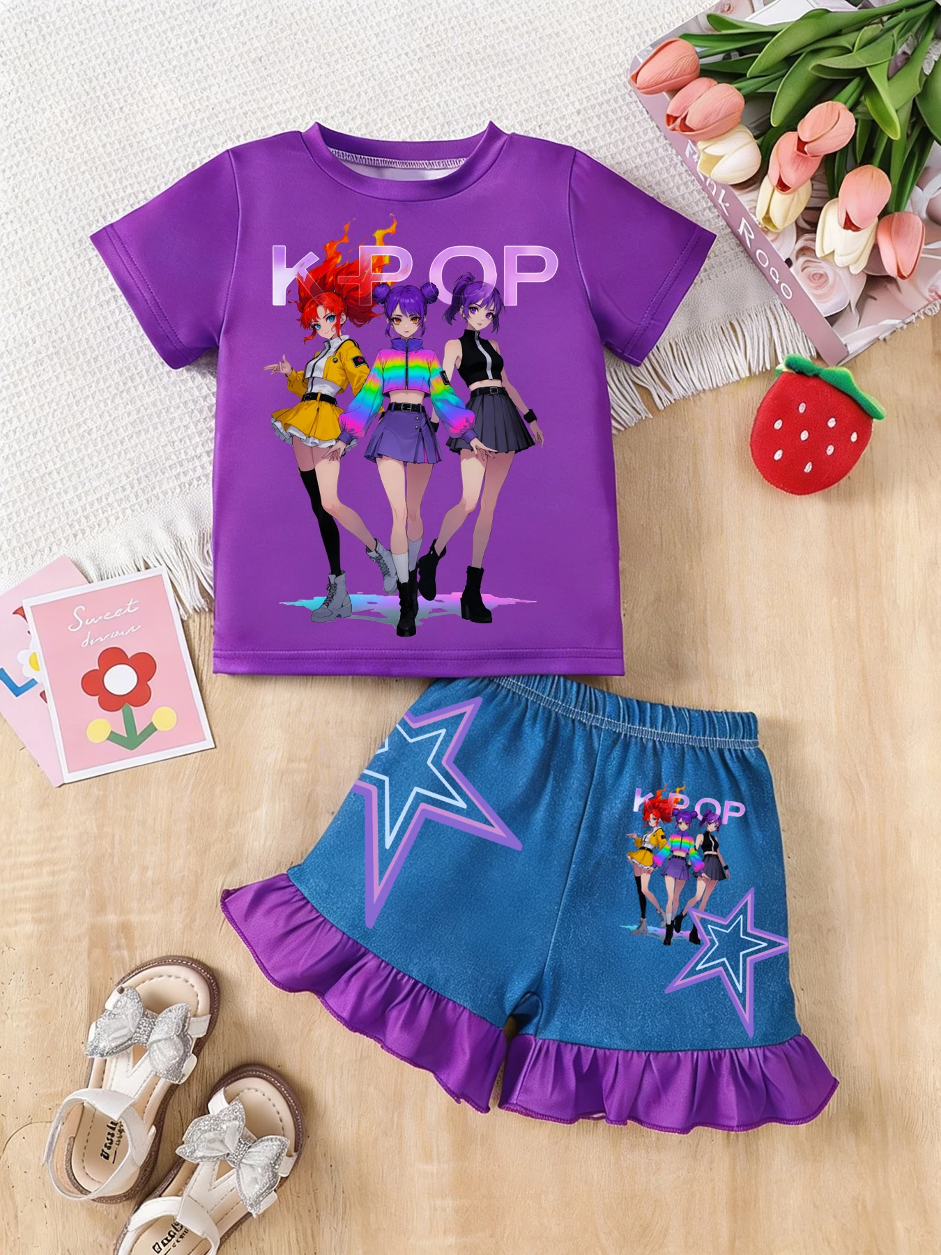 Ensemble décontracté d'été pour filles, 2 pièces, imprimé K-POP Anime, t-shirt à manches courtes et 