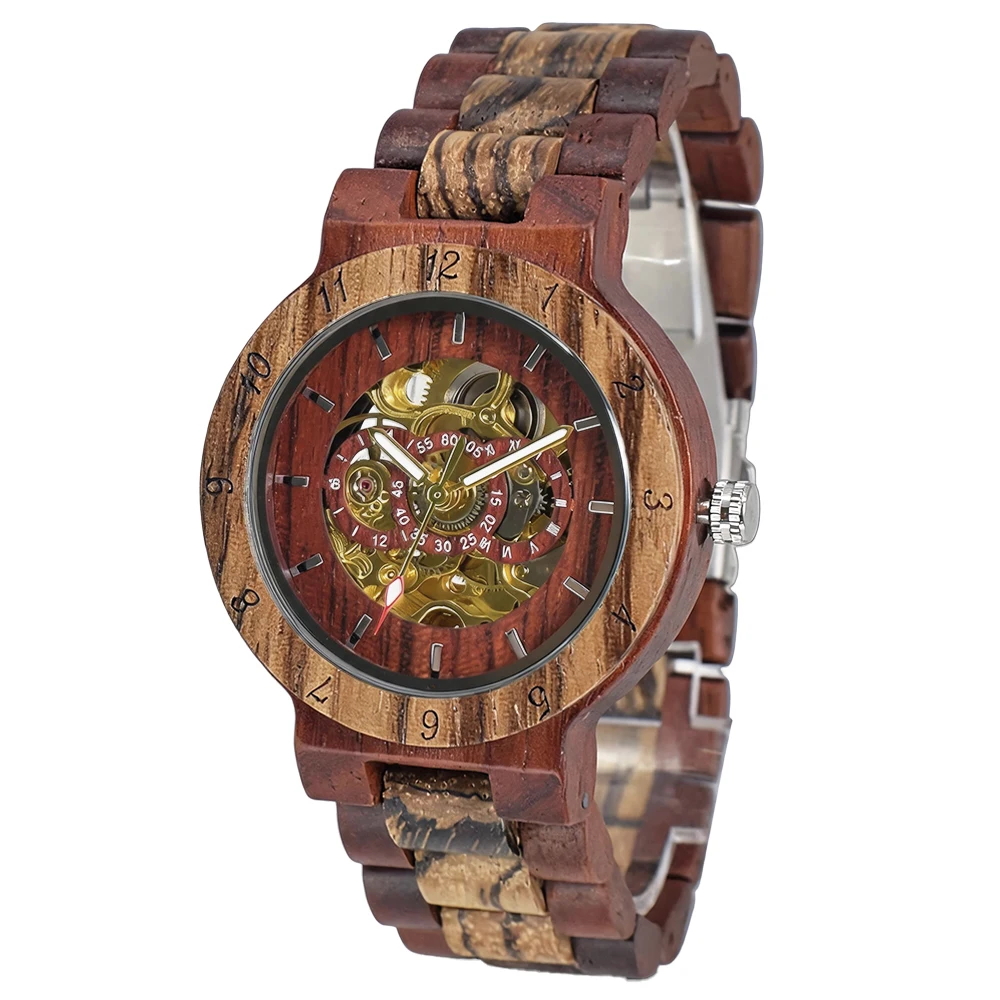 Fashion Wooden Skeleton Automatic Mechanical Watch for Women with Round Fold Clasp Design