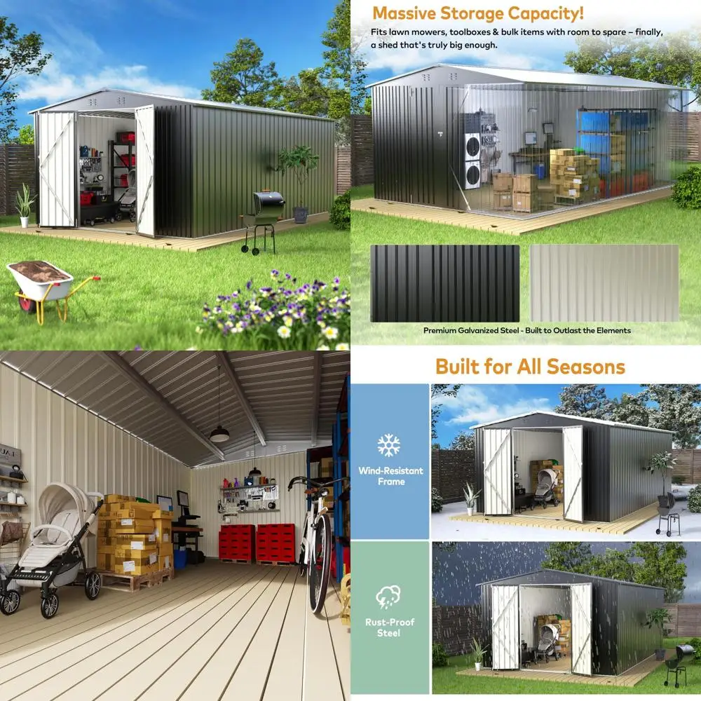 

Металлический сарай для хранения на открытом воздухе, водонепроницаемый садовый сарай для инструментов с дверью и замком, большая вместимость, 10 x 14 футов