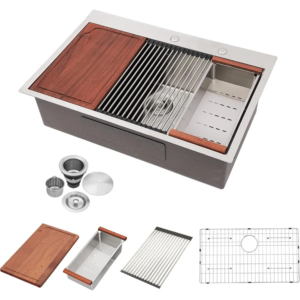 

33 Drop-In Kitchen Sink - Beslend 16G T304 Stainless Steel, Single Bowl, 33x22 Top Mount