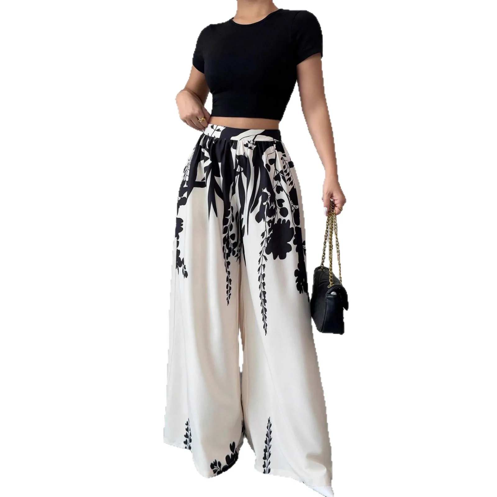 New Summer Fall Boho Women's Ink Print Mid-waist Wide-leg Straight-leg Pants Slim-fitting Pants For Women Casual Beach Vacation