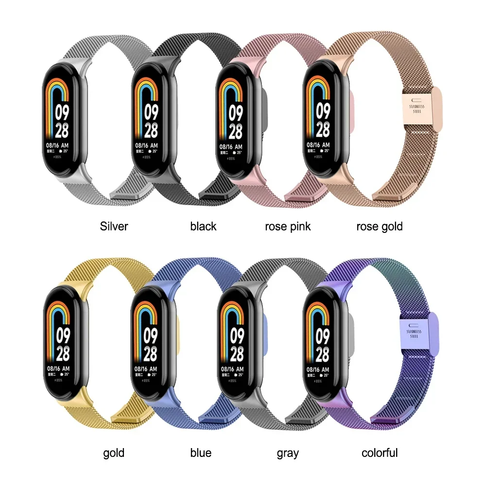 สายสแตนเลสตาข่ายโลหะสำหรับ Xiaomi Mi band 9สร้อยข้อมือสมาร์ทวอทช์เปลี่ยนอุปกรณ์สายนาฬิกาข้อมือ miband 8