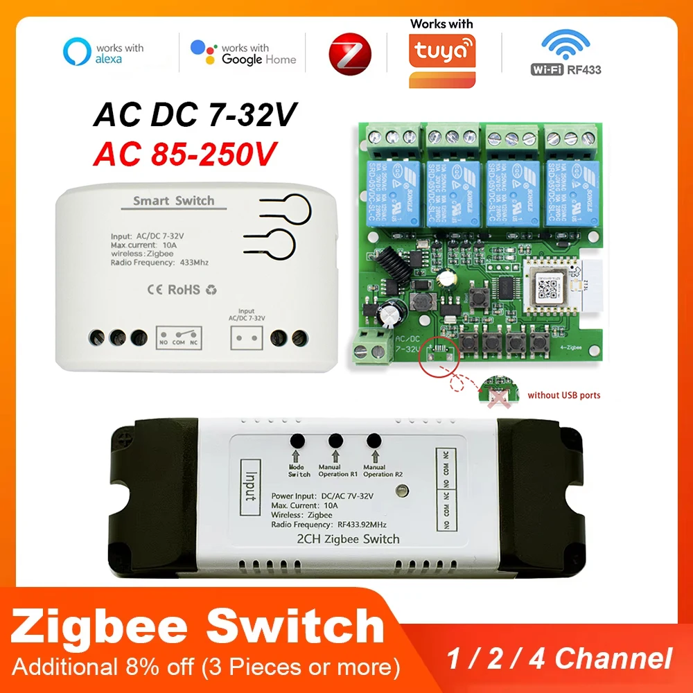 Zigbee Smart Relay Module Home Automation 1/2/4CH 12V 7-32V AC 220V RF433Mhz Remote Control Light Switch Works With Tuya Alexa