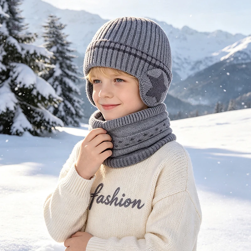 2pcs/Set Warm Knitted Hat and Scarf Set for Children Pullover Hat Plus Velvet Ear Protection Winter outdoor