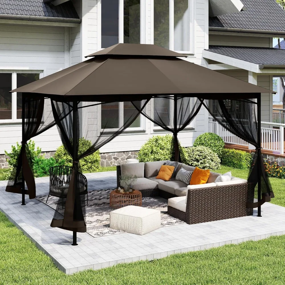 

Альтанка для патио 10 x 12 футов с вентиляционной двойной крышей, уличная беседка со съемной москитной сеткой