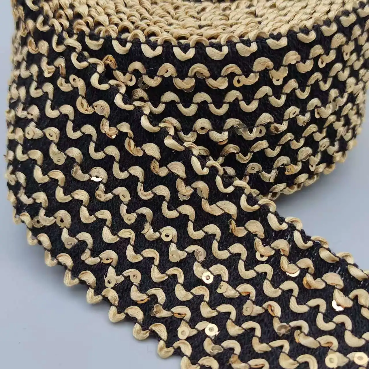 

6cm Wide Gold Sequins Elastic Lace Fabric Sewing for Beachwear