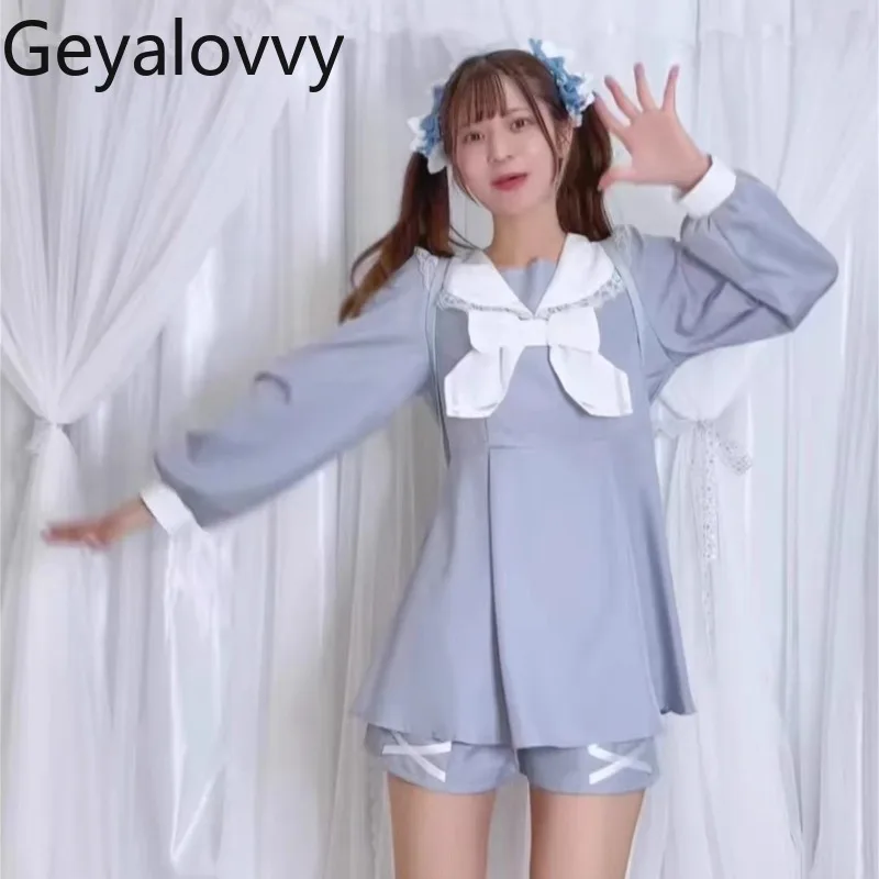 

Осенний новый японский стиль, милое милое платье с бантом для девочек, темно-синий воротник, высокая талия, платье с длинными рукавами и шорты, модный комплект из двух предметов