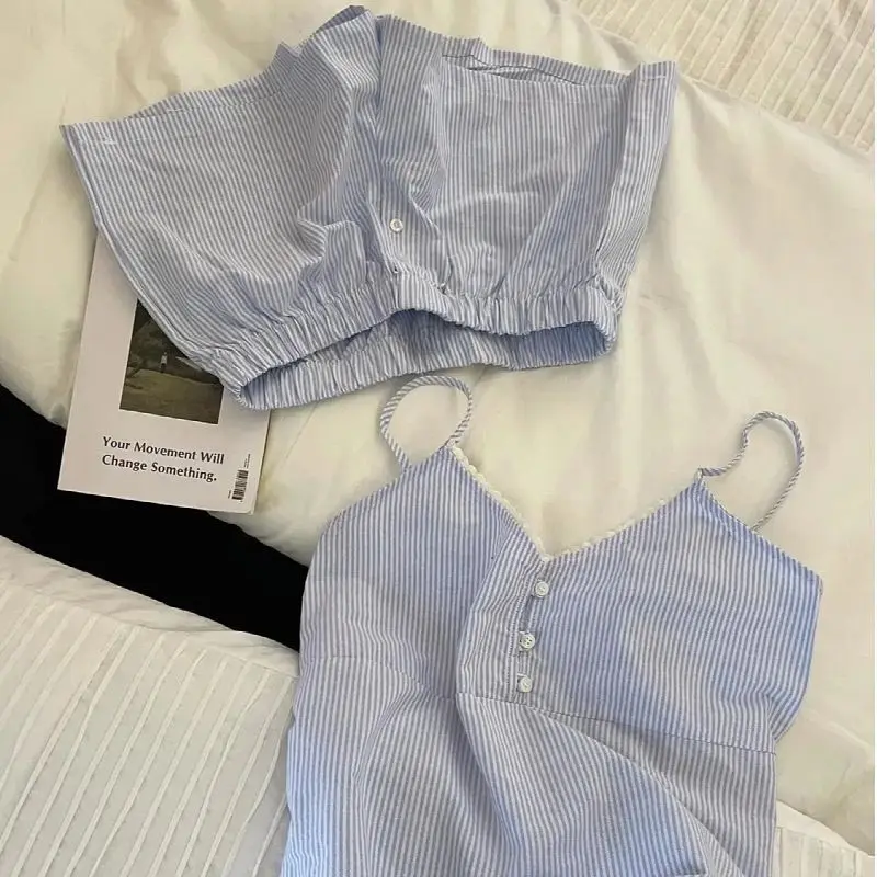 New Women's Summer Outfit: Strappy Shorts with Chest Padding, Women's Summer Cloud Cotton Sweet Blue Striped Loungewear Set 5