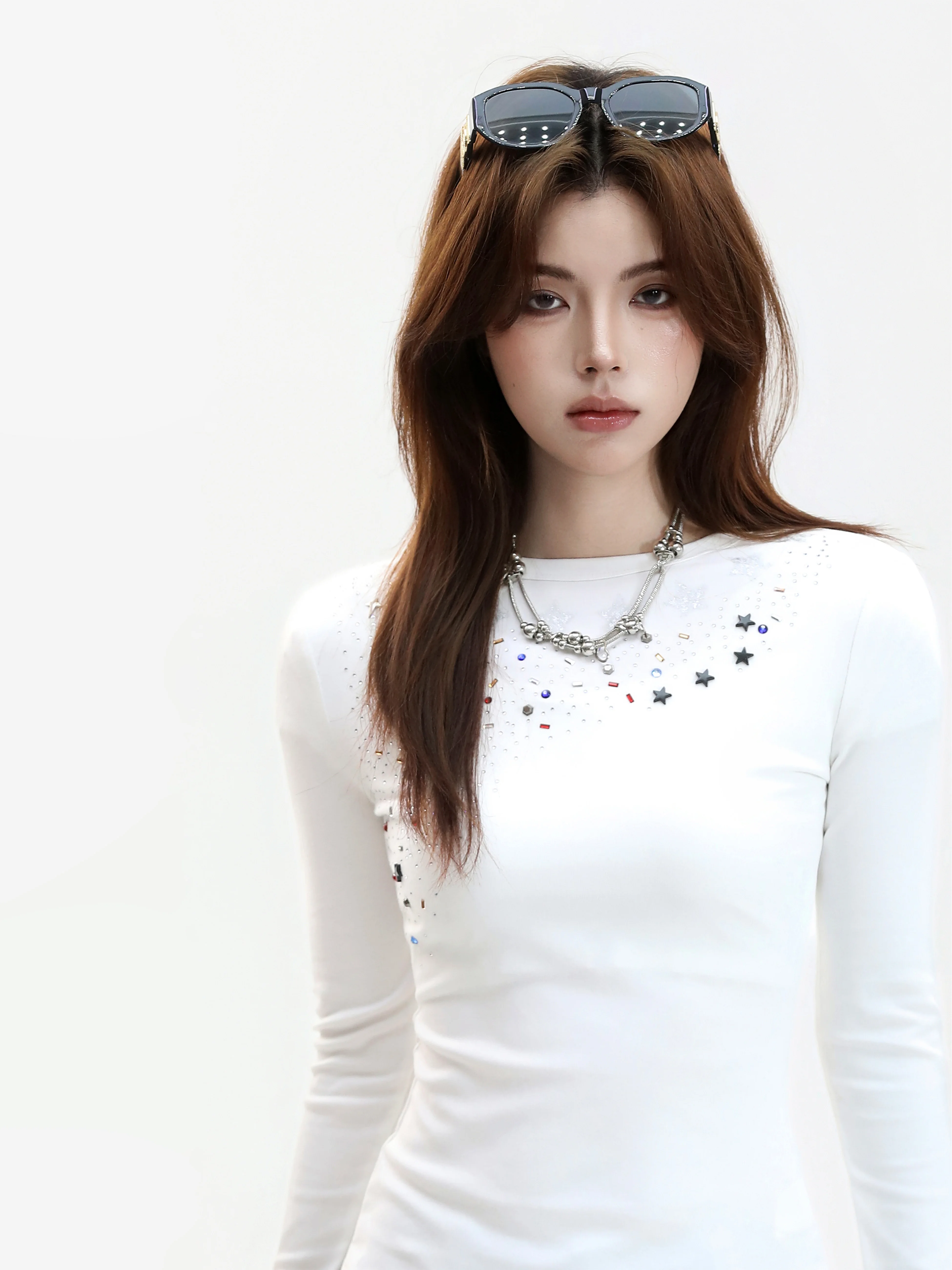 Early Autumn Silver Star Drill Slim Fit Long Sleeve T-Shirt Korean Style Design Casual Lazy Fashion Women's Top round Neck