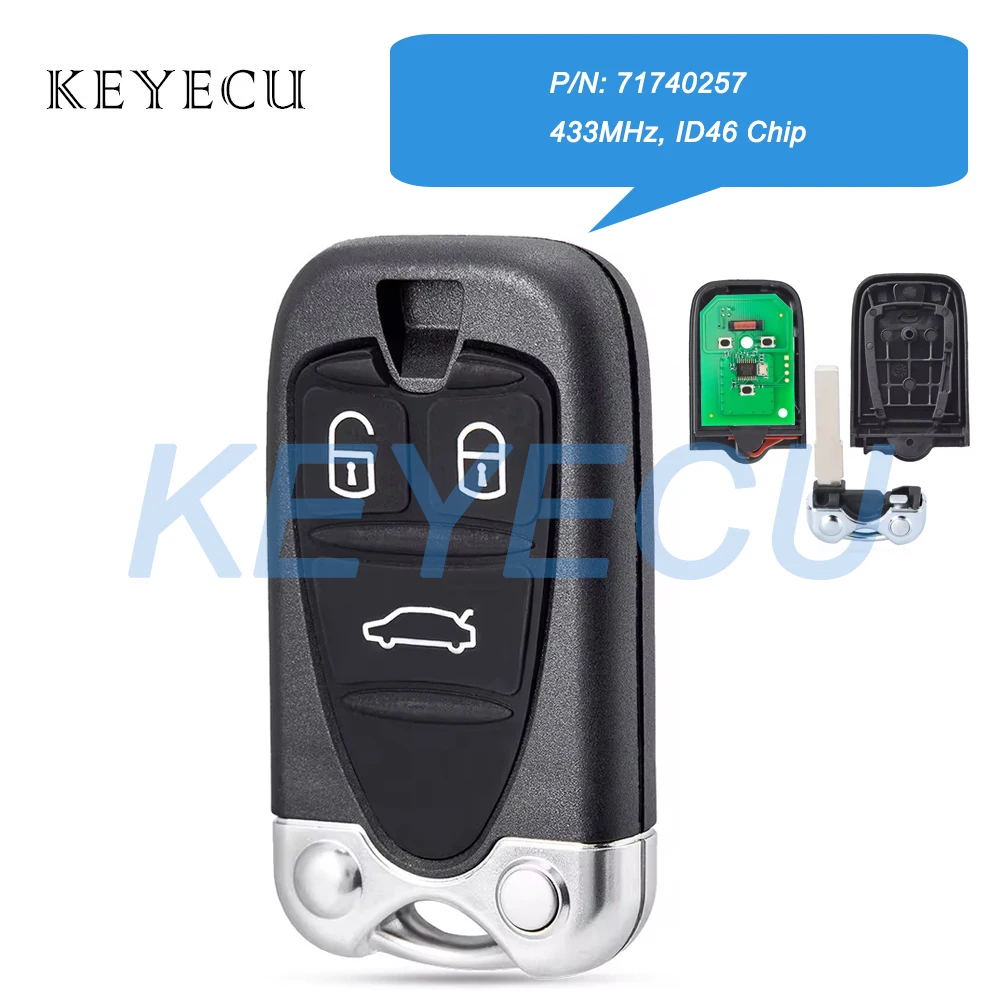 Keyecu P/N: 71740257 433MHz ID46 Chip Smart Remote Car Key Fob 3 Buttons Replacement for Alfa Romeo 159 Brera Spider