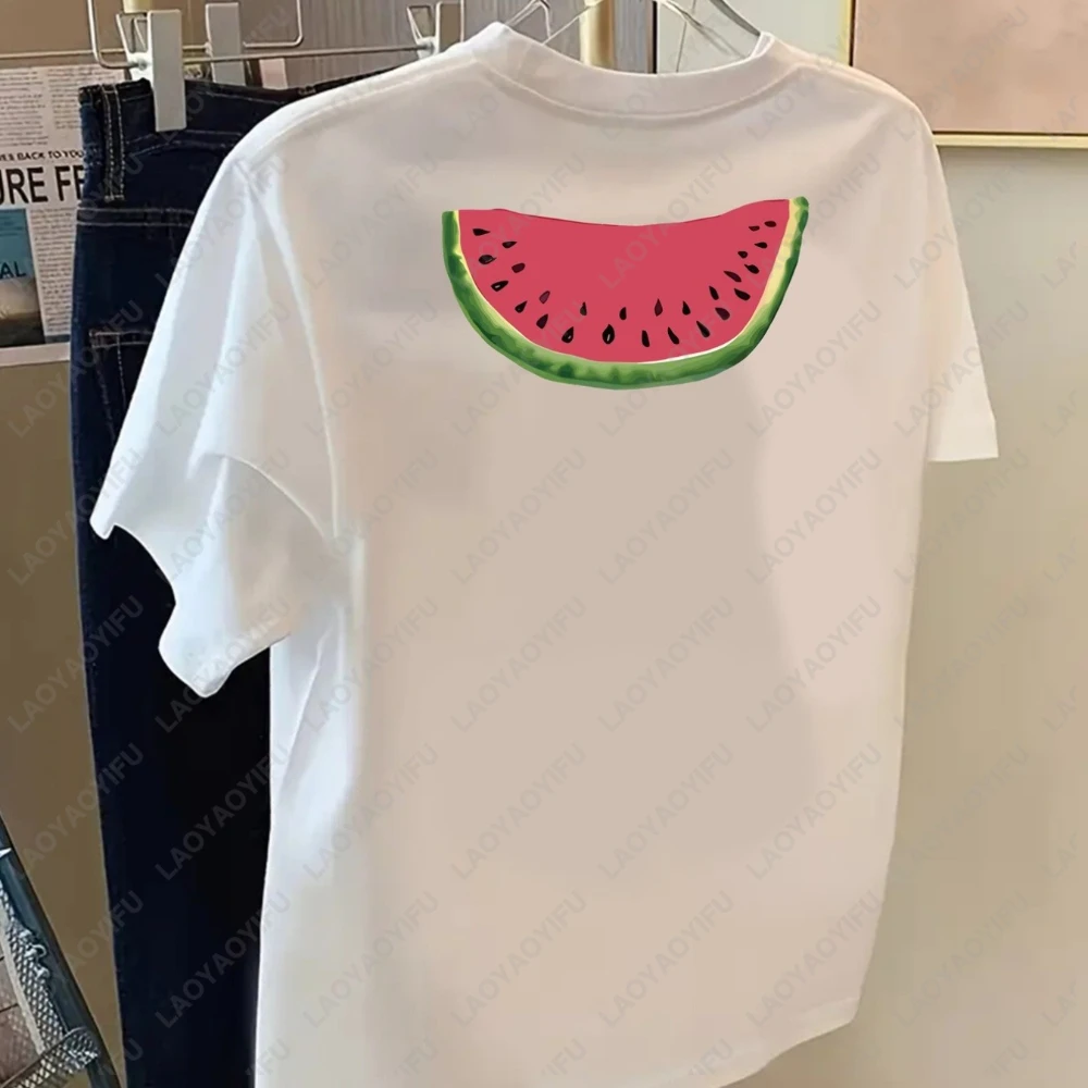 Short-Sleeved Top with A Front and Back Design Featuring Watermelon A Summer Fruit Print Round Neck Casual Style for Women