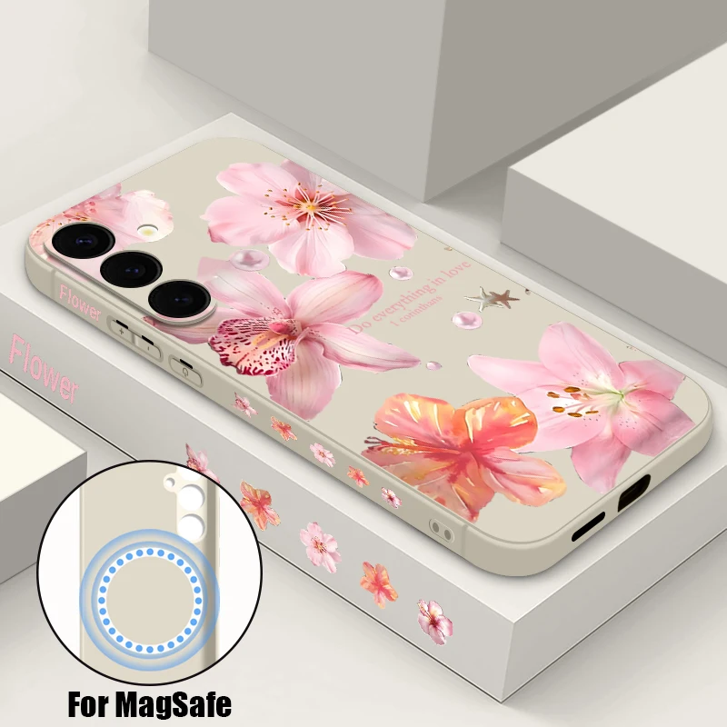 Rosa Blumen Magnetische Handyhülle für Samsung Galaxy S25 S24 S23 S22 Ultra Plus S24 S21 FE für Magsafe Wireless Charge TPU Cover