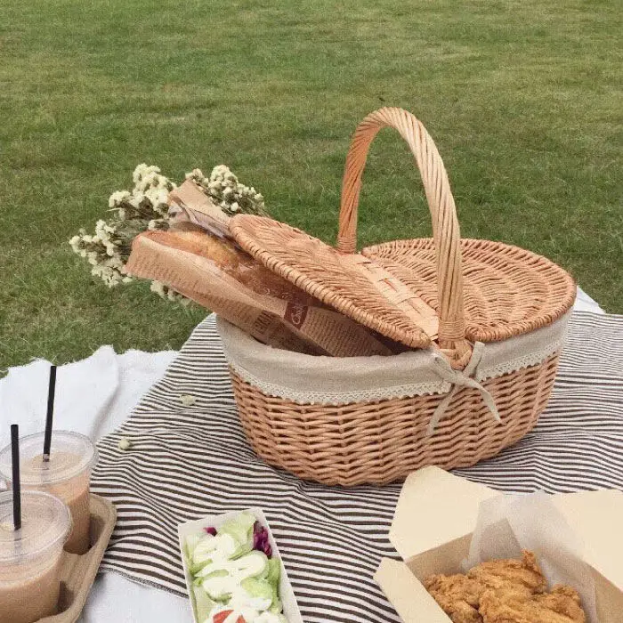 

Willow Weaving Bamboo Weaving Rattan Weaving Hand-held Basket With Lid Outdoor Dining Basket Shopping Basket Storage BasketZF269