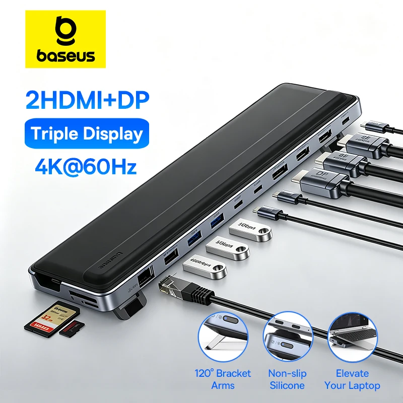 Baseus EH3 12-w-1 Hub USB C HDMI DP 4K 60Hz Podwójny Wyświetlacz 3.2 do MacBooka Laptopa PD 100W Typ C HUB ze Stojakiem Stacja Dokująca