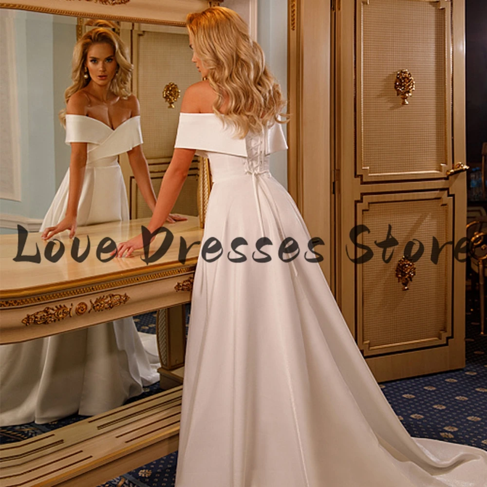 Customized Sexy Off The Shoulder Jersey Wedding Dress Ladies Court Train Pleats Lace Up Back Side Slit Bridal Gonws