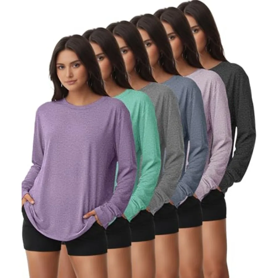 

Kinglaman 6 Pack Women's Long Sleeve Workout Dry Fit Shirts, UPF 50+ Rash Guard SPF UV Sun Protection Swim Tee Shirts